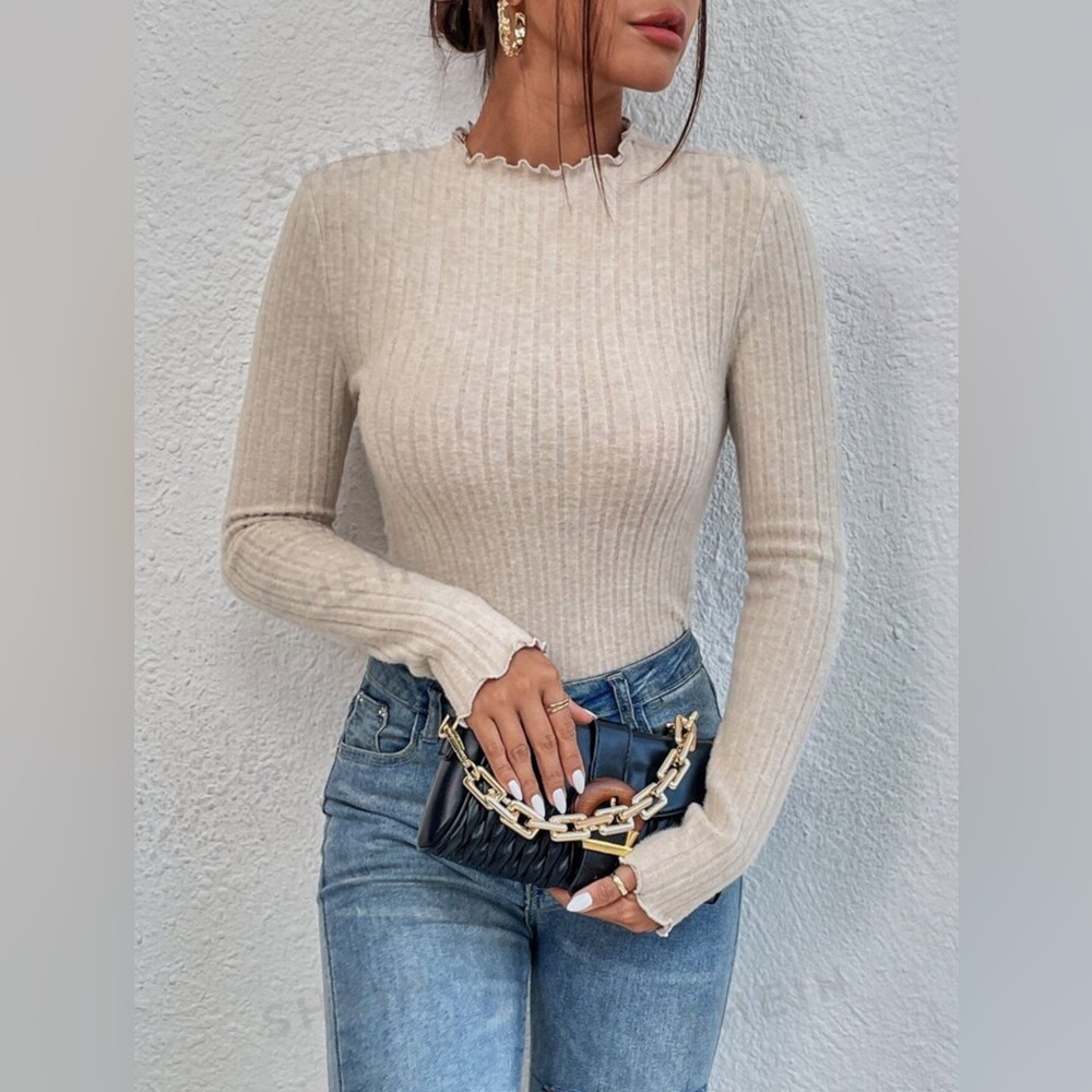 Essence Lettuce Trim Ribbed Knit Bodysuit - Apricot